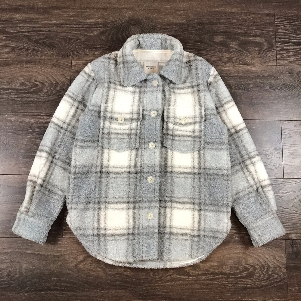 Abercrombie & Fitch Women Gray Fleece Cozy Plaid Button Down Jacket Size XS